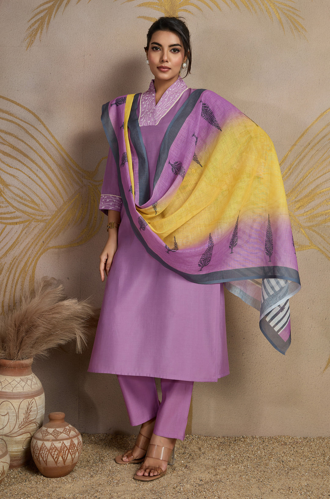 Lilac Dawn Roman Silk Women Suit Set with Linen Digital Print Dupatta