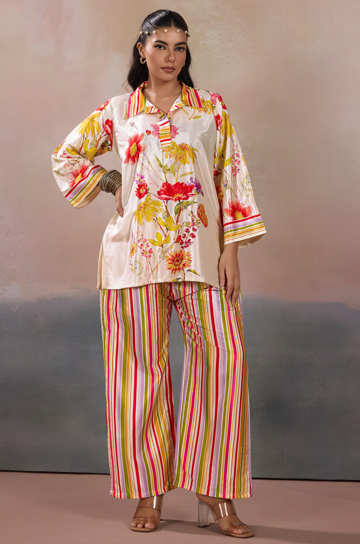 Blossom Breeze Silk Crepe Women Co-ord Set with Digital Print | Top and Bottom