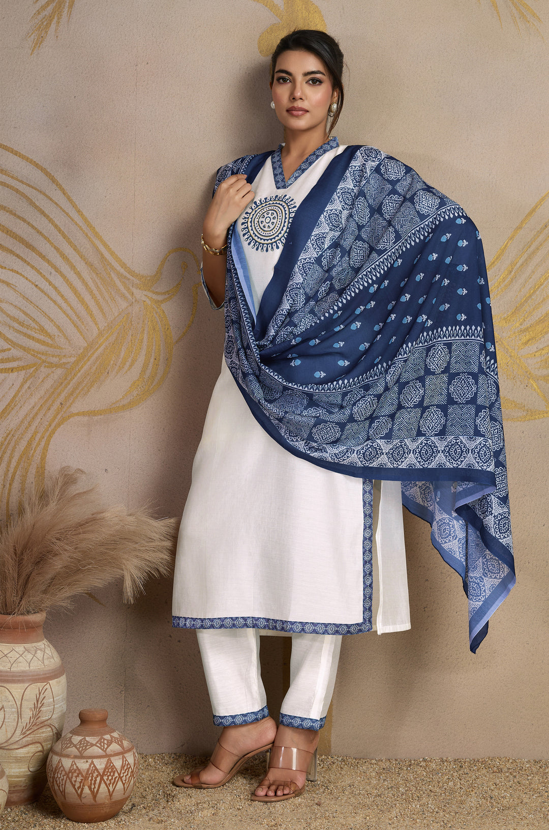 Arctic Blue Roman Silk Women Suit Set with Ajrakh Printed Dupatta