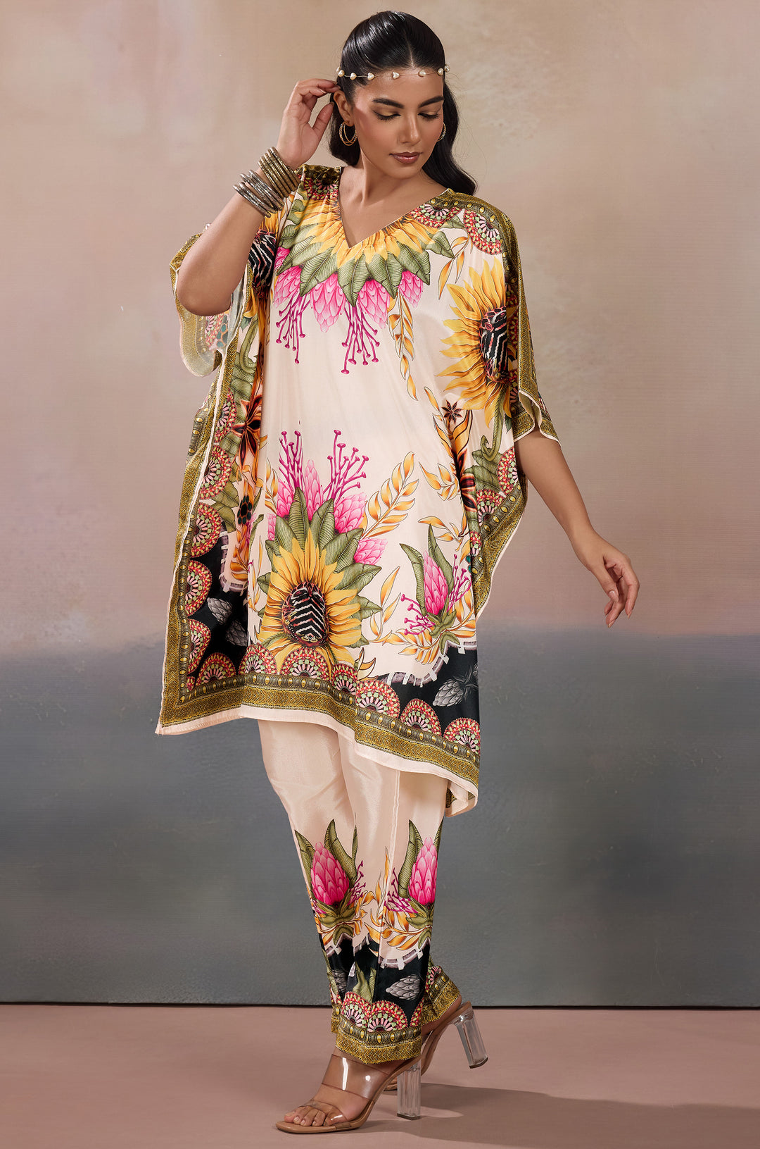 Sunlit Serenade Silk Crepe Women  Co-ord Set with Digital Print | Top and Bottom