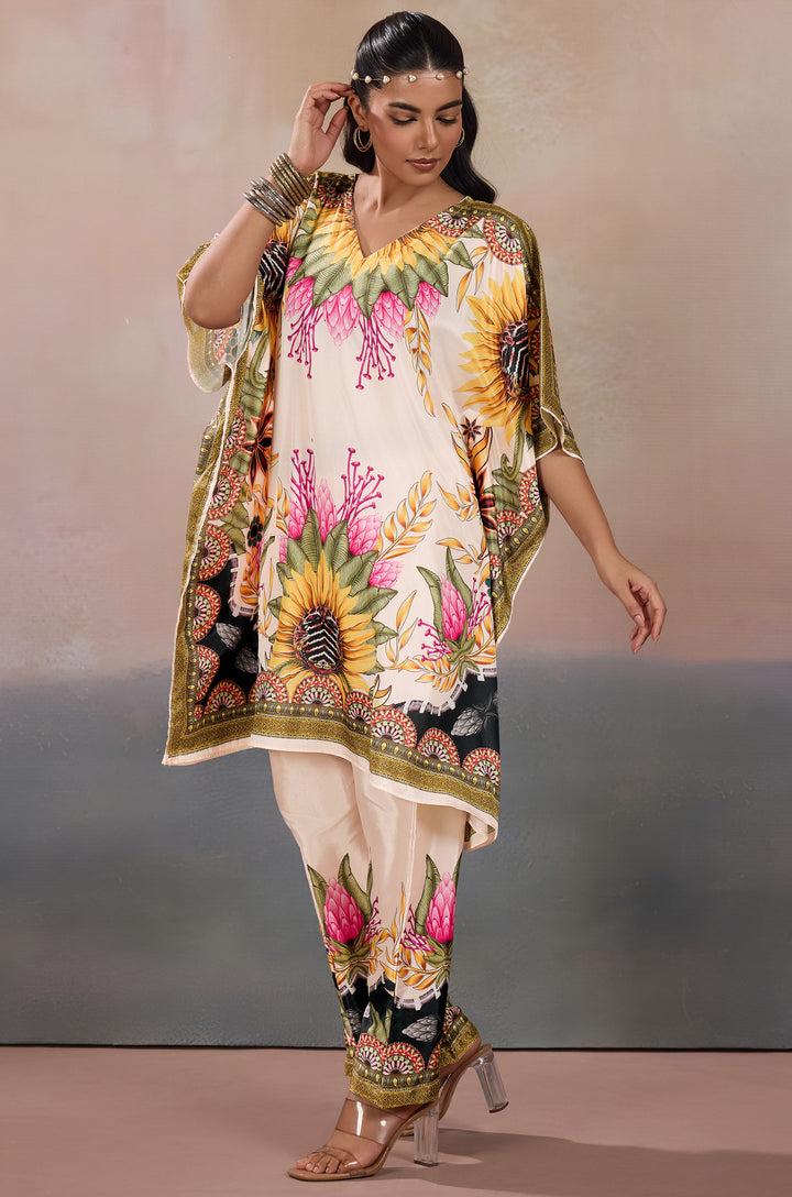 Sunlit Serenade Silk Crepe Women  Co-ord Set with Digital Print | Top and Bottom