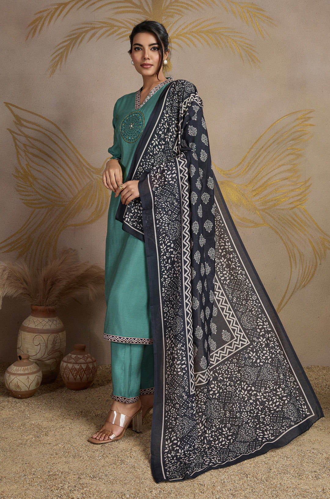 Classic Olive Roman Silk Women Suit Set with Ajrakh Printed Dupatta