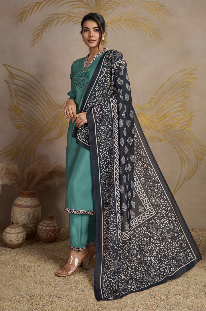Classic Olive Roman Silk Women Suit Set with Ajrakh Printed Dupatta