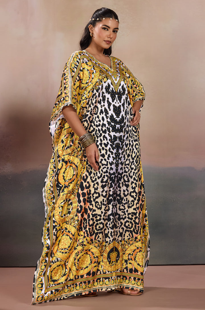 Golden Grace Soft Satin Women Kaftan Dress with Rhinestone | Digital Print