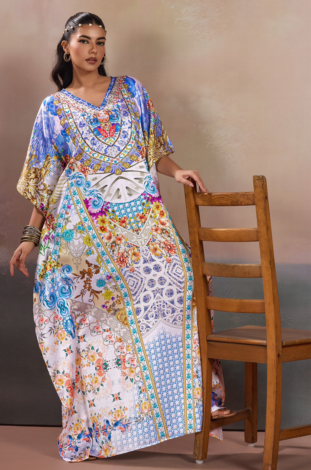 Mediterranean Fantasy Soft Satin Women Kaftan Dress with Rhinestone | Digital Print