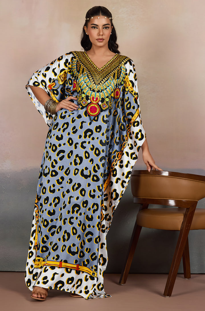 Grey Safari Chic Luxe Soft Satin Women Kaftan Dress with Rhinestone | Digital Print