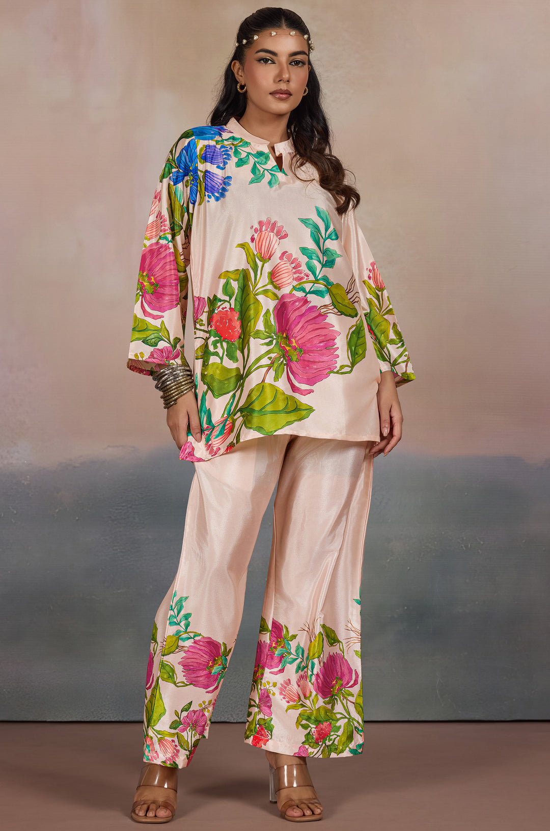 Dusky Grove Silk Crepe Women Co-ord Set with Digital Print | Top and Bottom