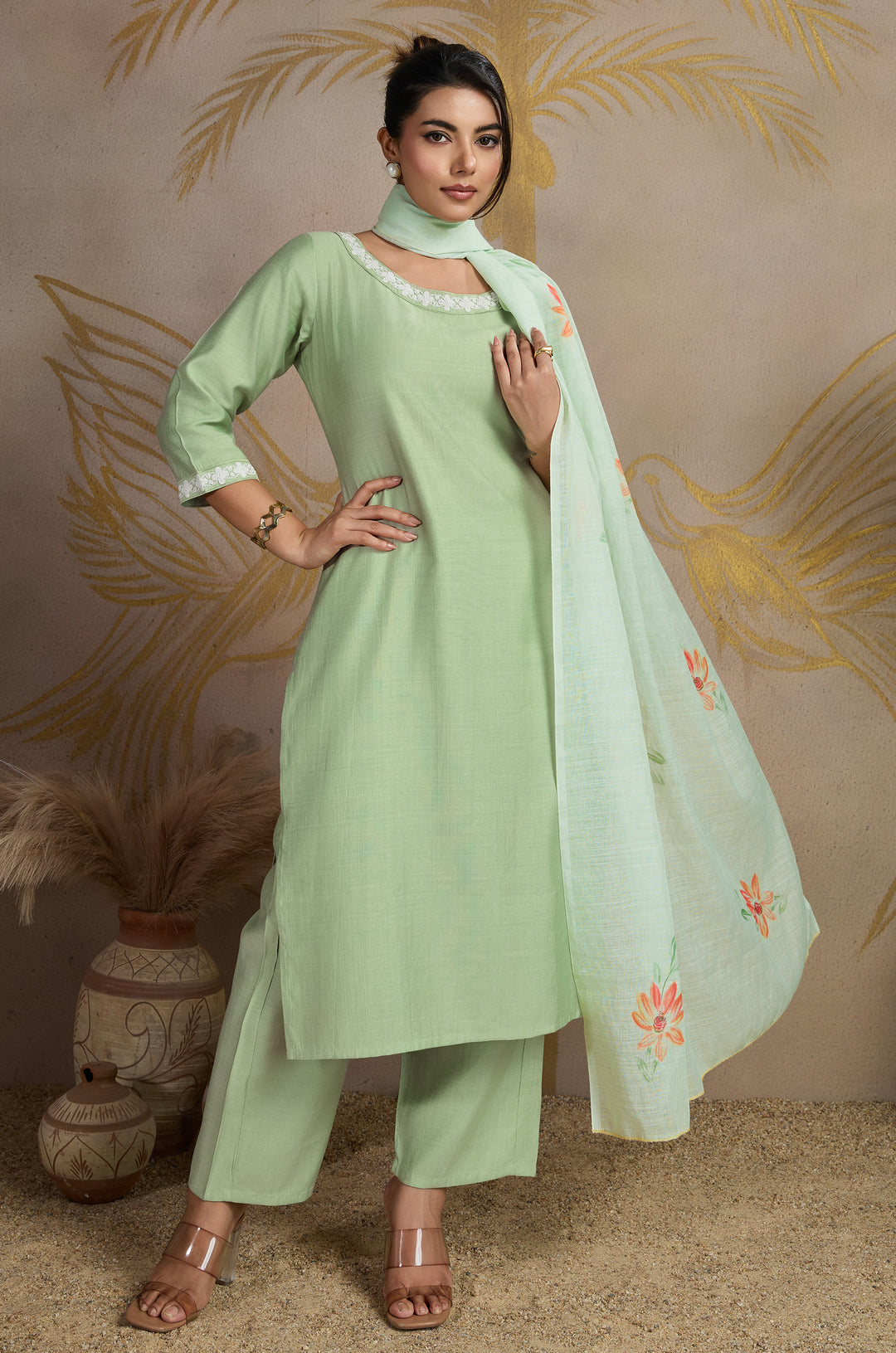 Serene Pastel Viscose Silk Women Suit Set with Linen Brush Print Dupatta