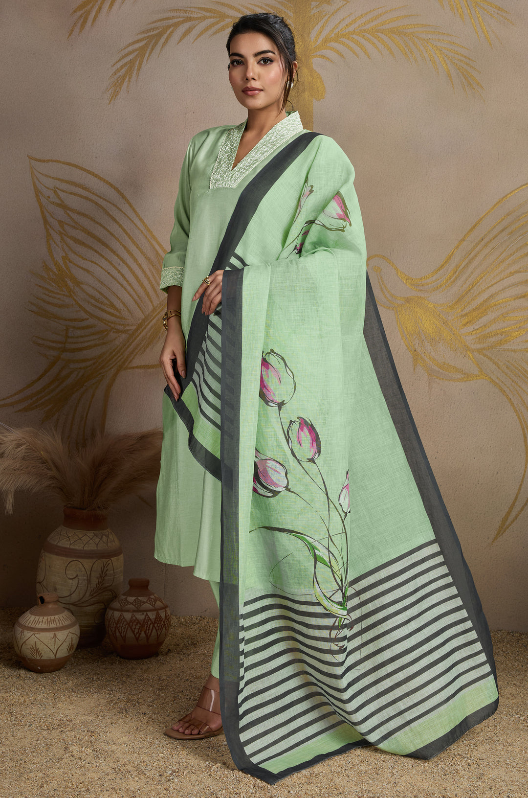 Mint Garden Roman Silk Women Suit Set with Linen Digital Print Dupatta