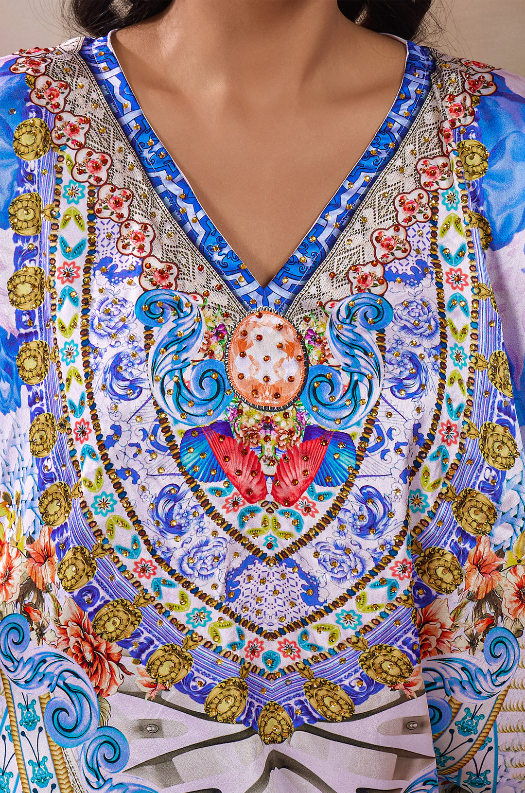 Mediterranean Fantasy Soft Satin Women Kaftan Dress with Rhinestone | Digital Print