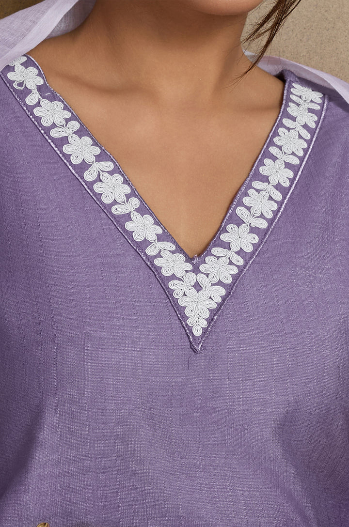 Timeless Lavender Viscose Silk Women Suit Set with Linen Brush Print Dupatta