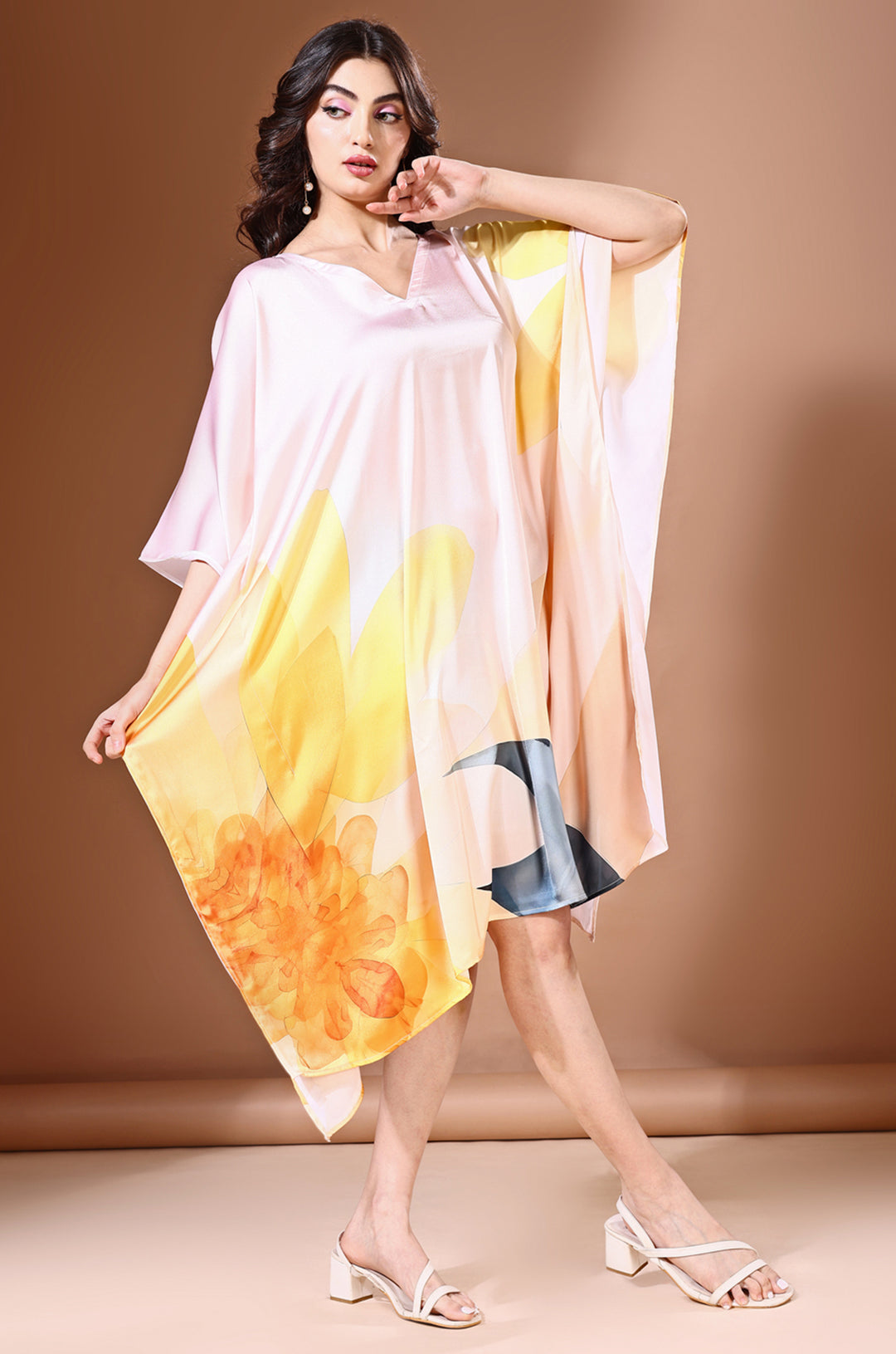 short kaftan dress Pastel Flow Short Satin Kaftan Dress