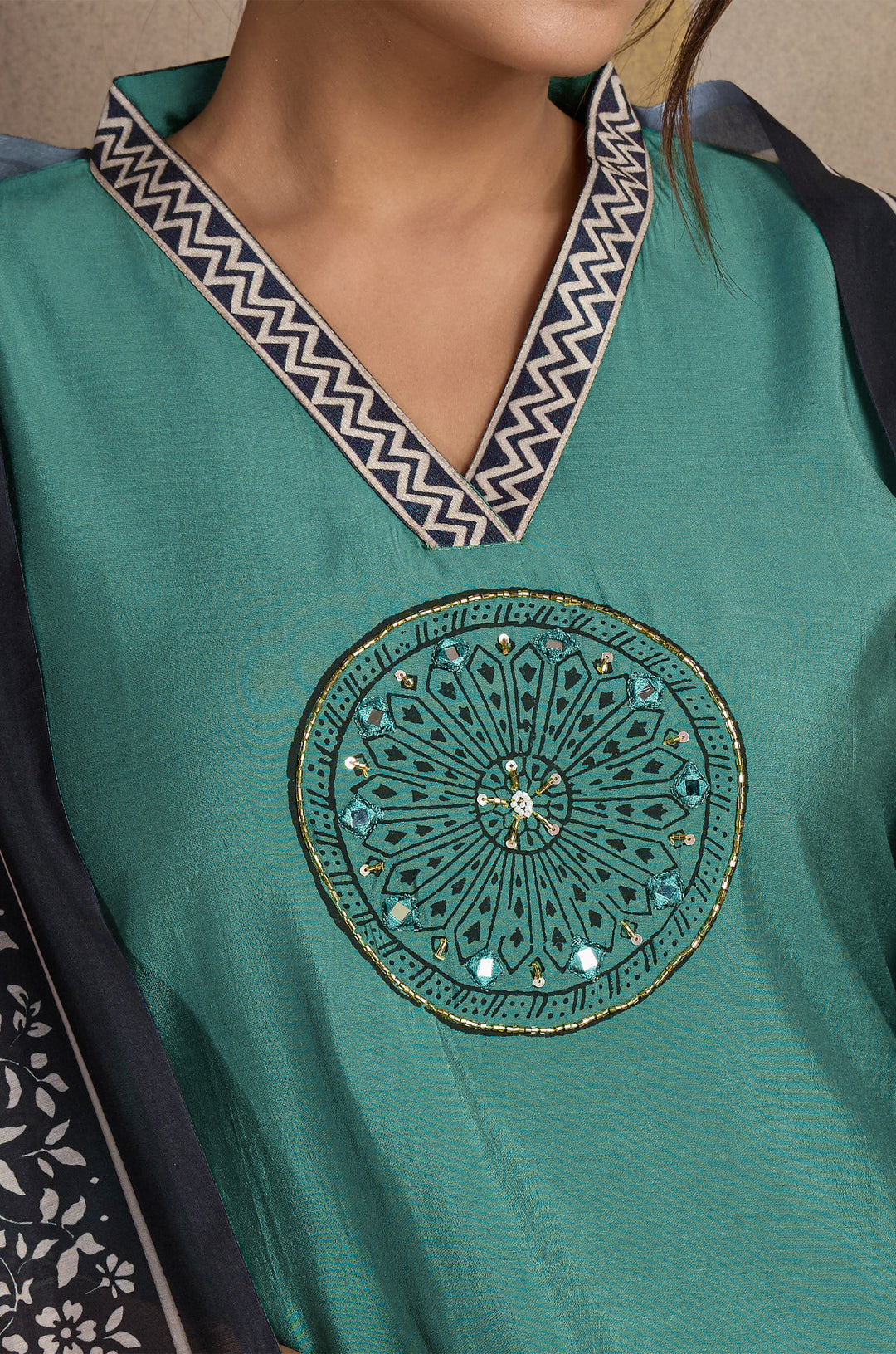 Classic Olive Roman Silk Women Suit Set with Ajrakh Printed Dupatta