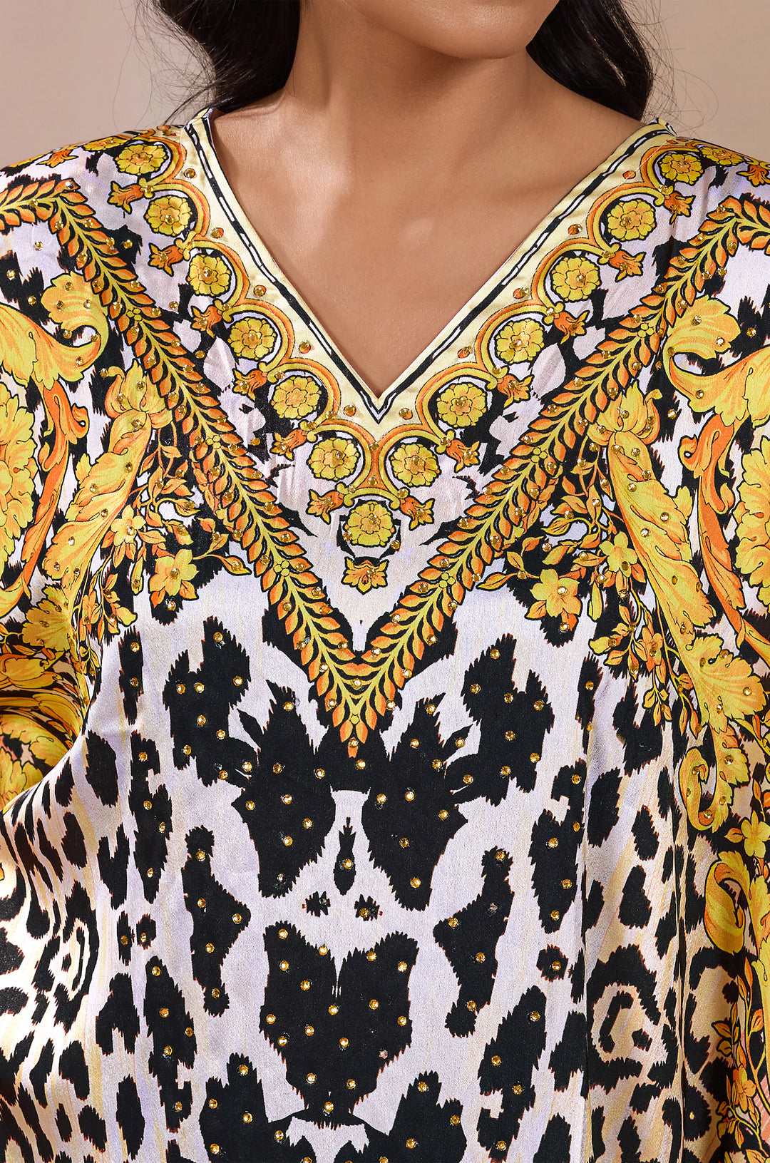 Golden Grace Soft Satin Women Kaftan Dress with Rhinestone | Digital Print
