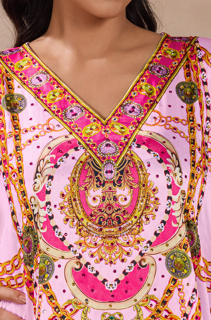 Pink Ornate Mandala Soft Satin Women Kaftan Dress with Rhinestones | Digital Print