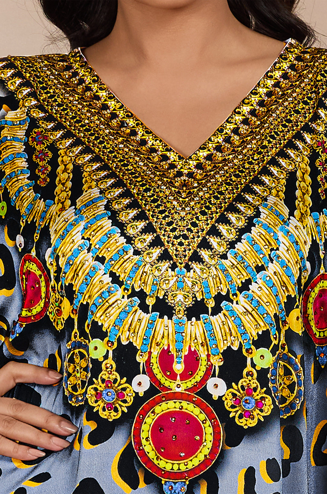 Grey Safari Chic Luxe Soft Satin Women Kaftan Dress with Rhinestone | Digital Print