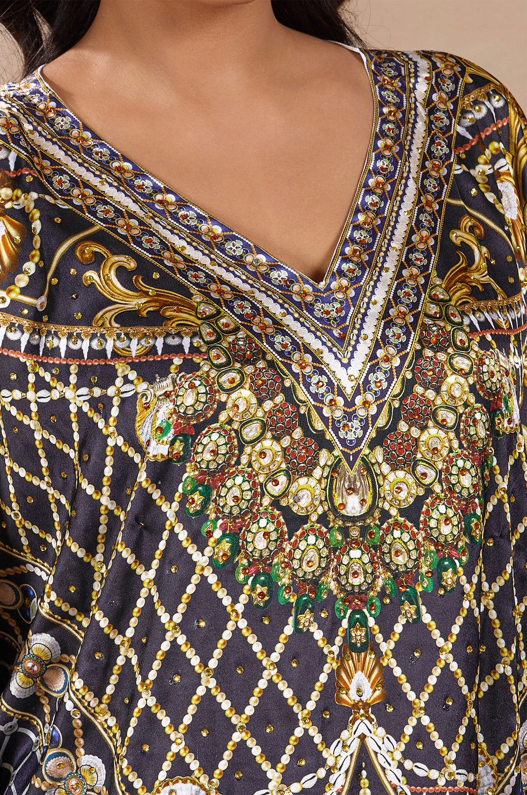 Deep Jewel Soft Satin Women Kaftan Dress with Rhinestone | Digital Print