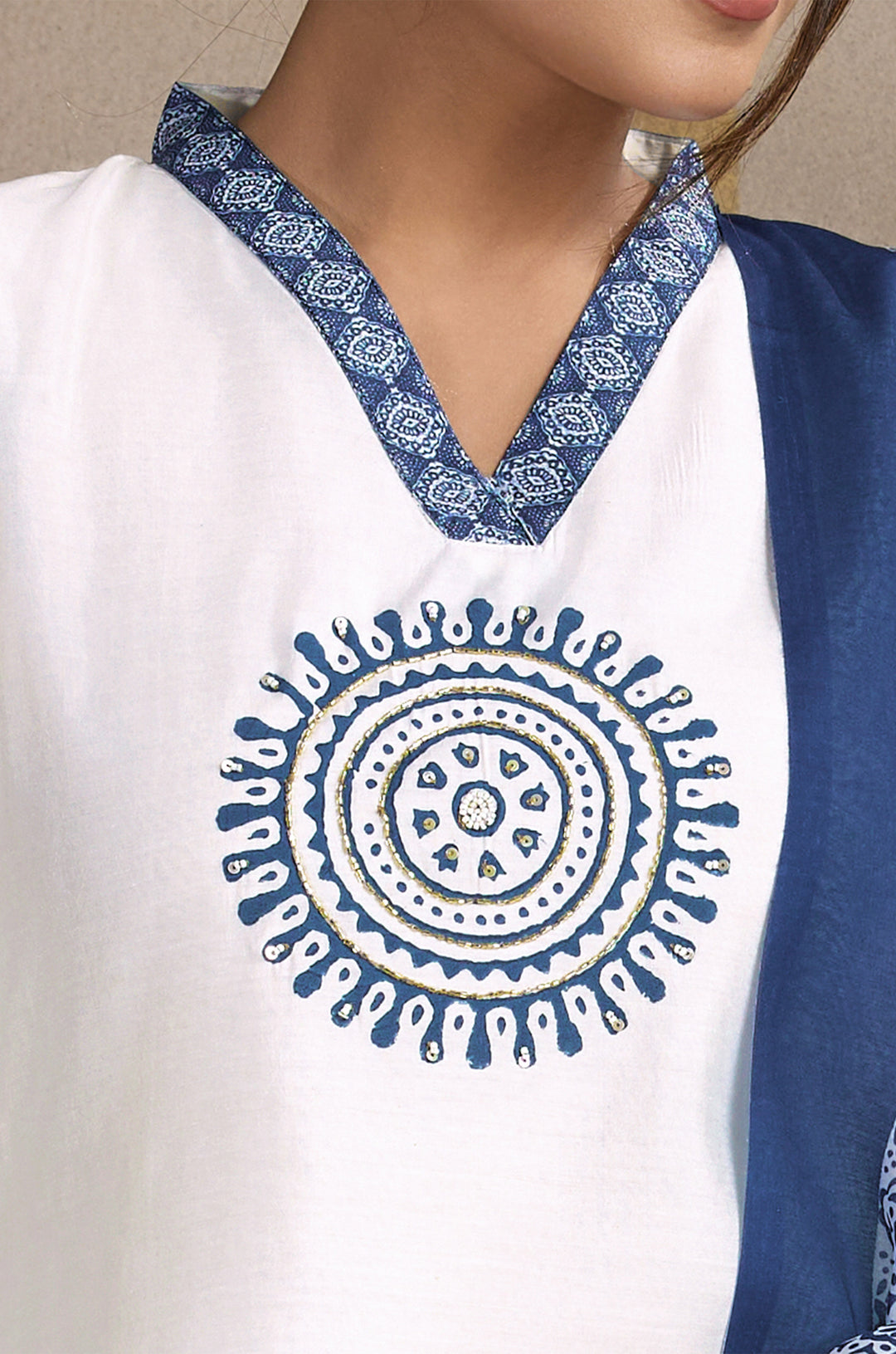 Arctic Blue Roman Silk Women Suit Set with Ajrakh Printed Dupatta