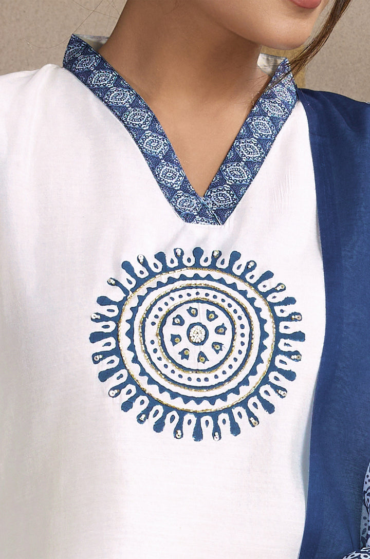 Arctic Blue Roman Silk Women Suit Set with Ajrakh Printed Dupatta