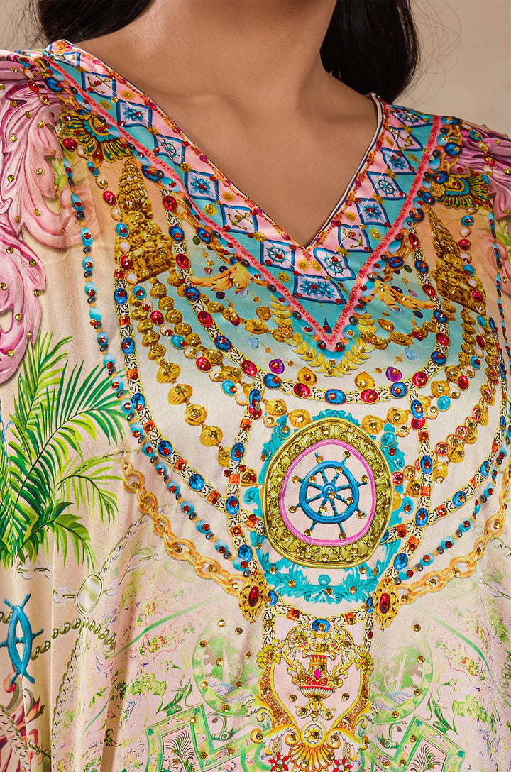 Vintage Inspired Soft Satin Women Kaftan Dress with Rhinestone | Digital Print