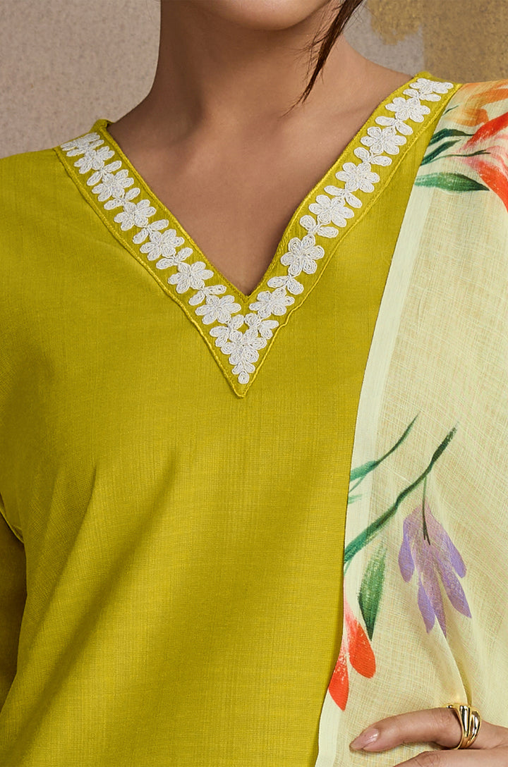 Honey Glaze Viscose Silk Women Suit Set with Linen Brush Print Dupatta