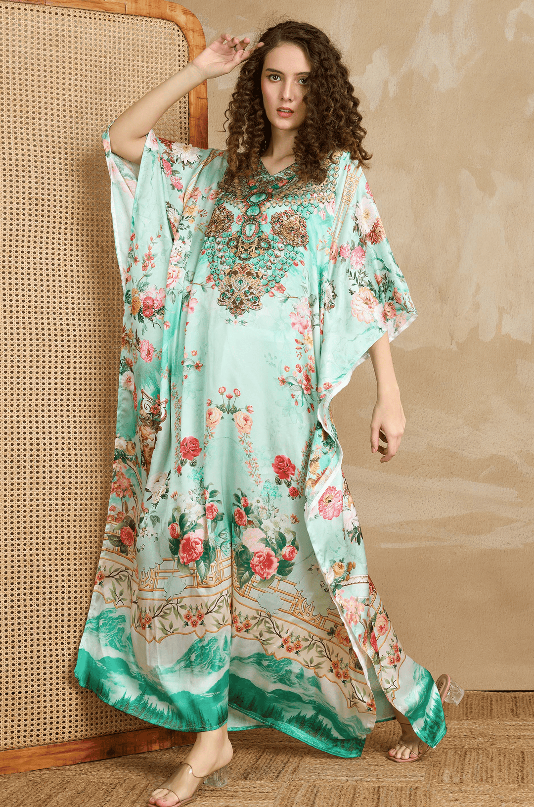 Serene Majesty Soft Satin Women Kaftan with Rhinestones