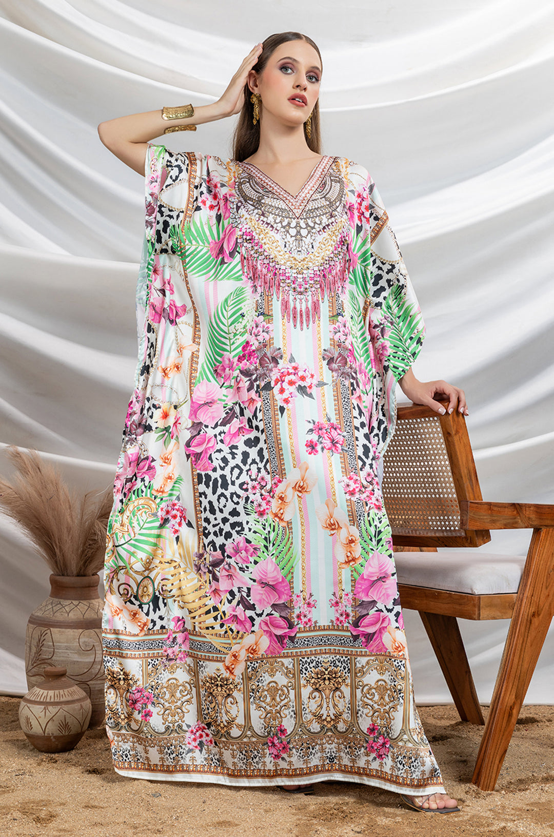 Golden Huntress Soft Satin Women Kaftan with Rhinestones – Label Aarna