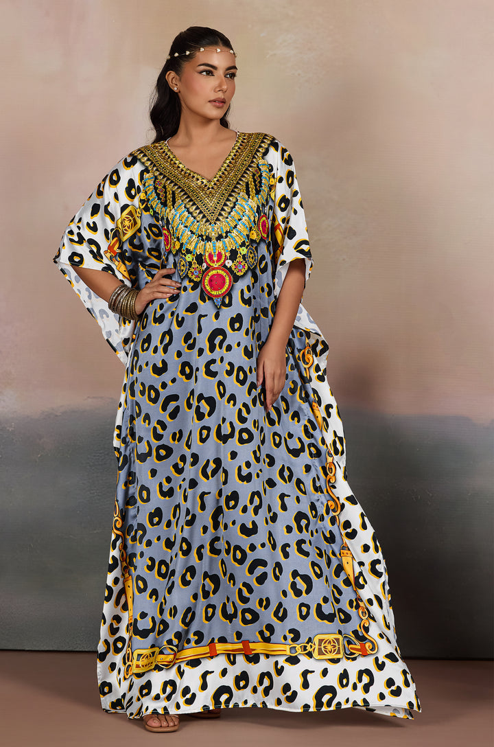 Grey Safari Chic Luxe Soft Satin Women Kaftan Dress with Rhinestone | Digital Print