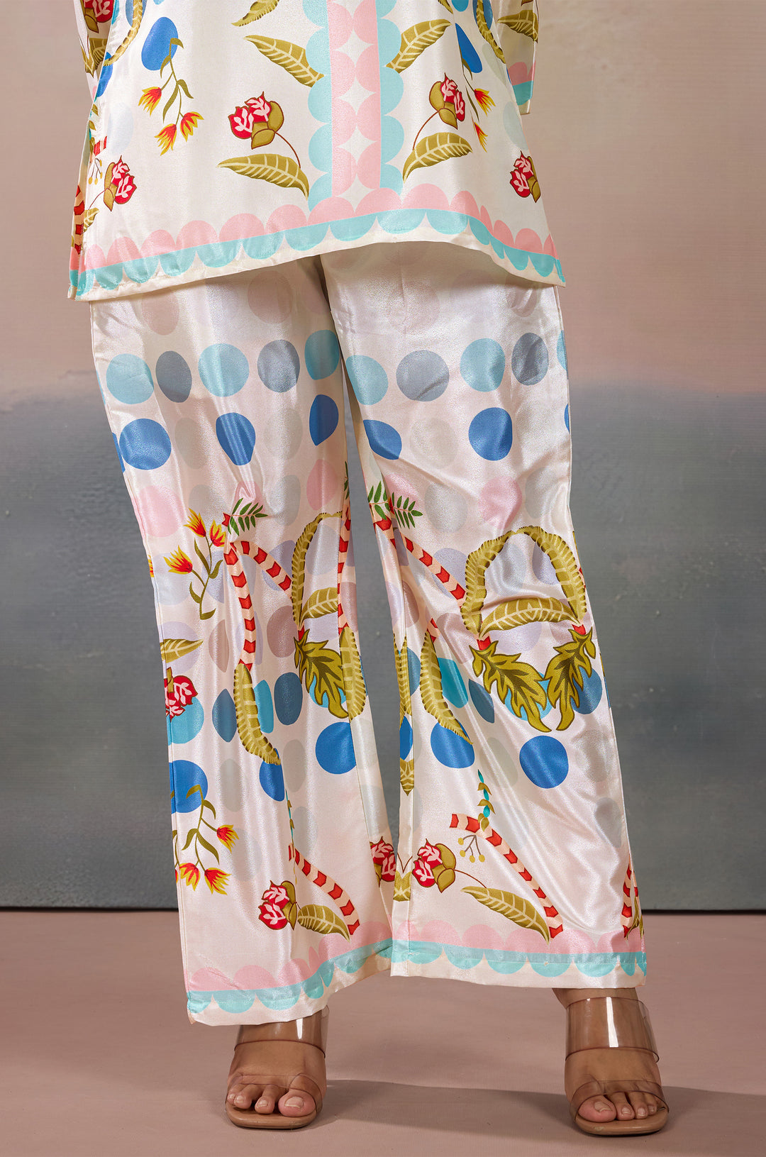 Pearl Dewdrop Silk Crepe Women Co-ord Set with Digital Print | Top and Bottom