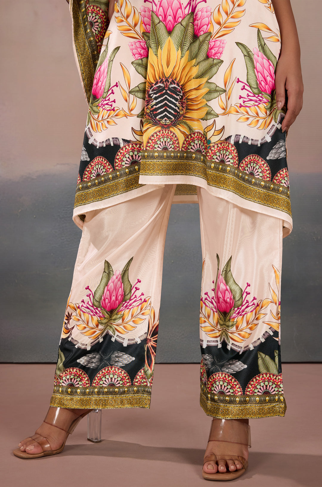 Sunlit Serenade Silk Crepe Women  Co-ord Set with Digital Print | Top and Bottom