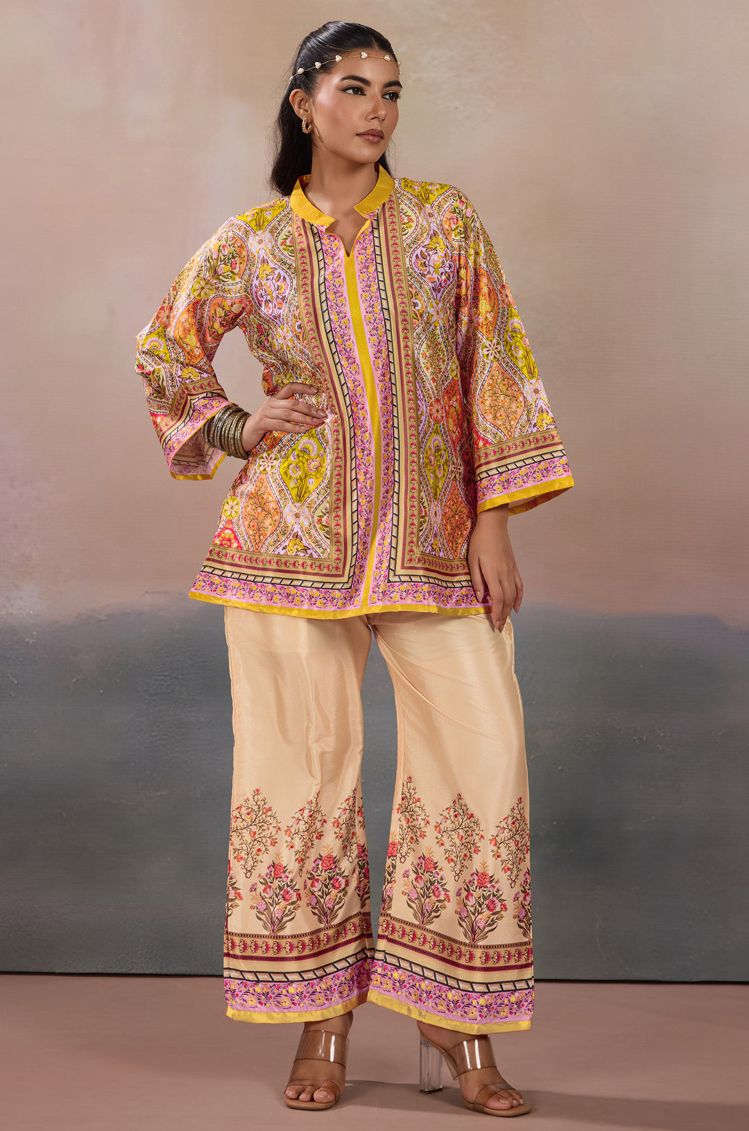 Golden Heritage Silk Crepe Women Co-ord Set with Digital Print | Top and Bottom