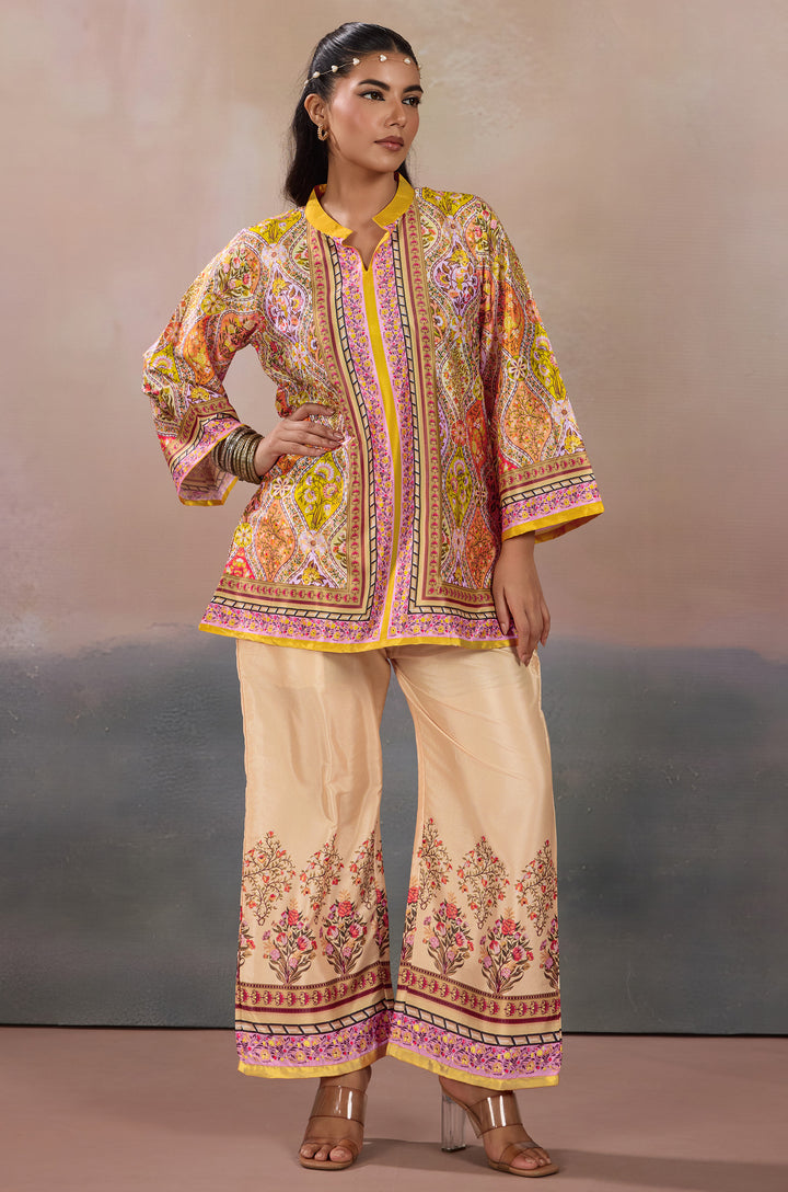Golden Heritage Silk Crepe Women Co-ord Set with Digital Print | Top and Bottom