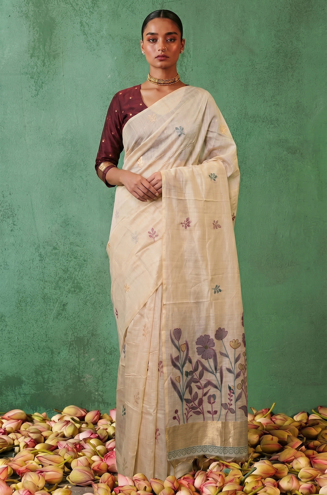 Maroon Woven Jamdhani Cotton Saree | Saadgi Collection