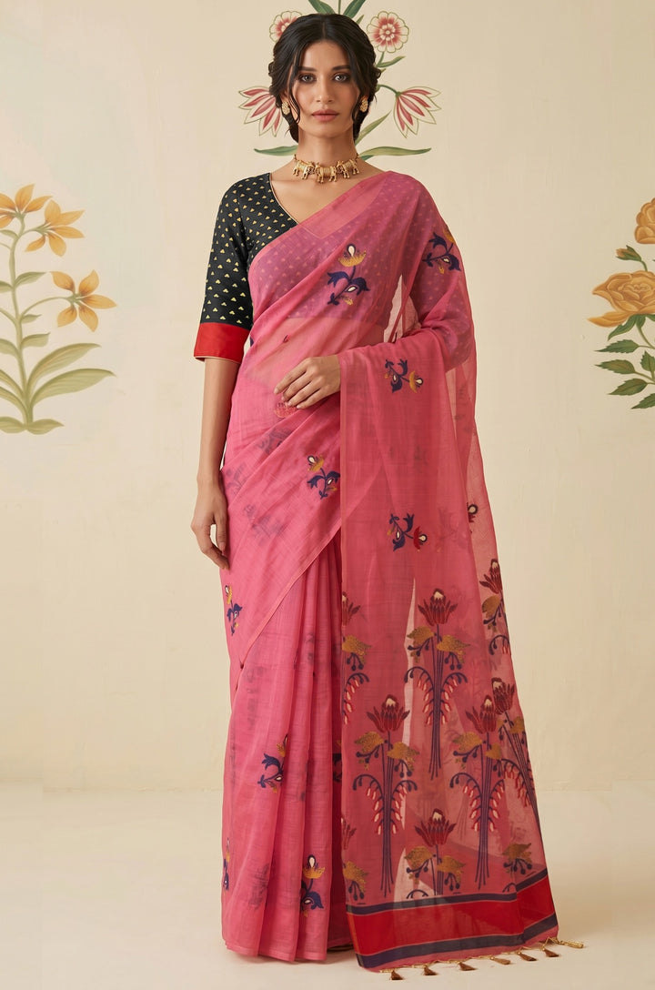 Blush Pink Woven Jamdhani Cotton Saree | Braj Collection