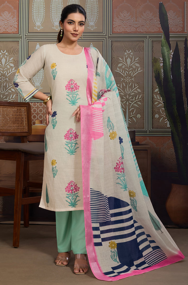 Floral Pop Linen Cotton Women Suit Set with Digital Print Dupatta