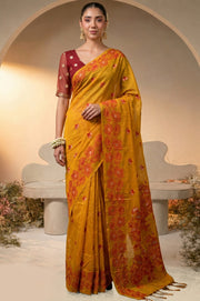 Bright Yellow Woven Jamdhani Cotton Saree | Madhuban Collection
