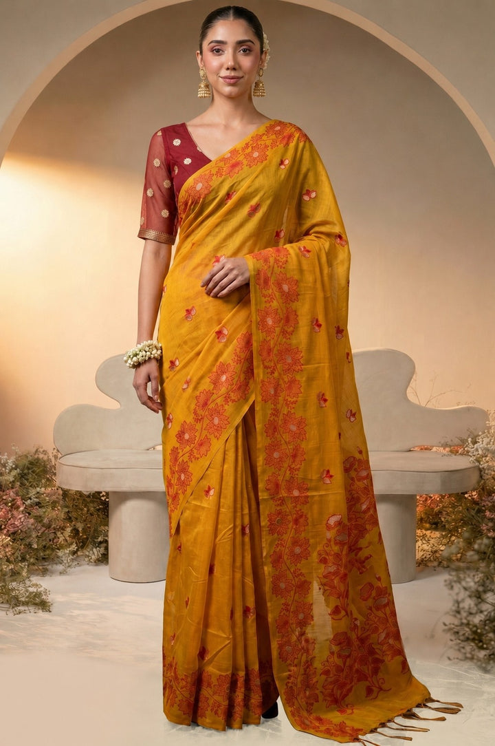 Bright Yellow Woven Jamdhani Cotton Saree | Madhuban Collection