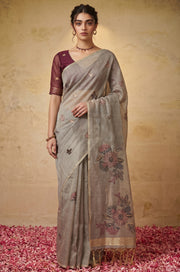 Grey Woven Jamdhani Cotton Saree | Gulnaar Collection