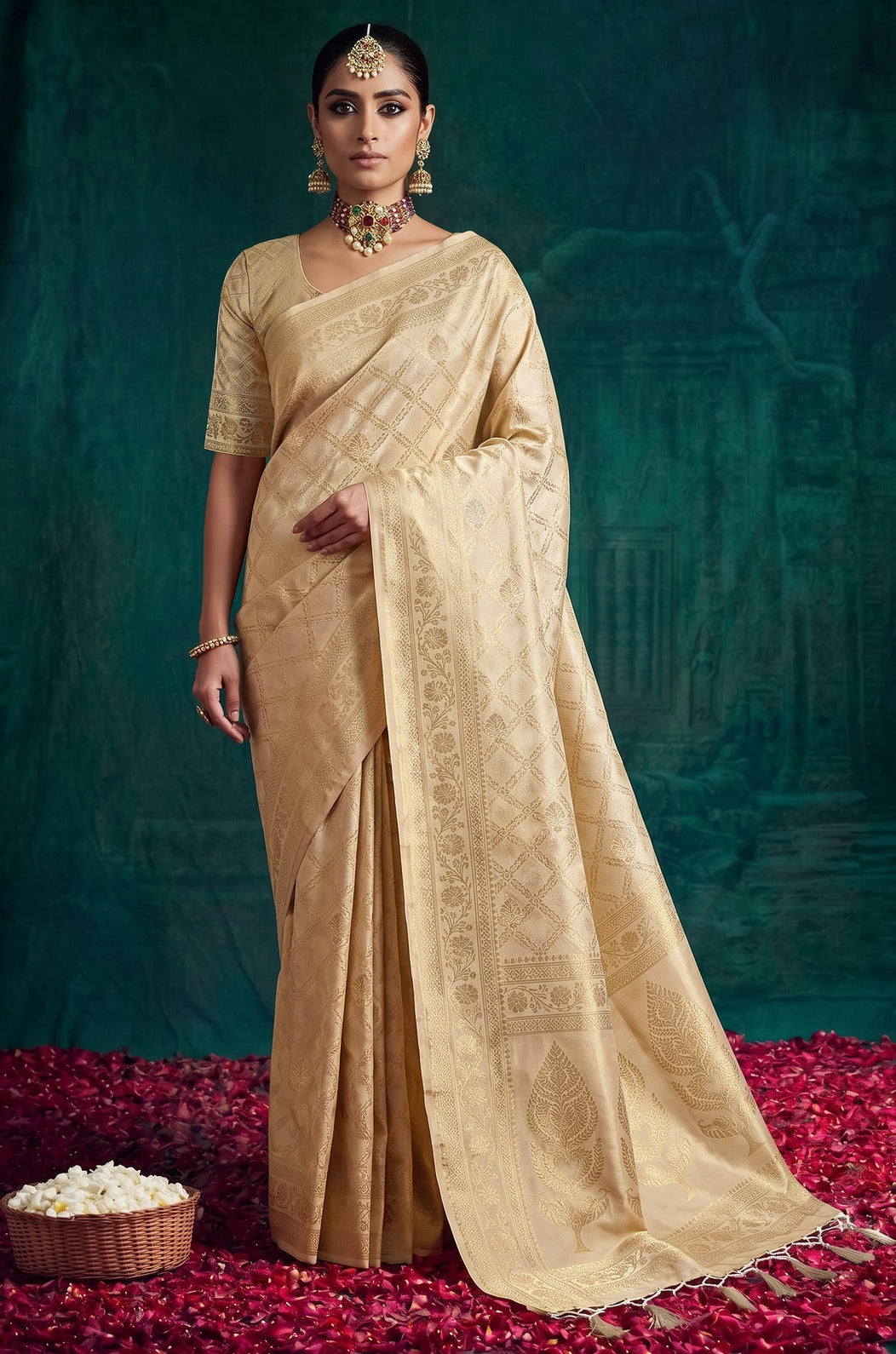 Cream Kanjivaram Woven Silk Saree | Virasat Collection