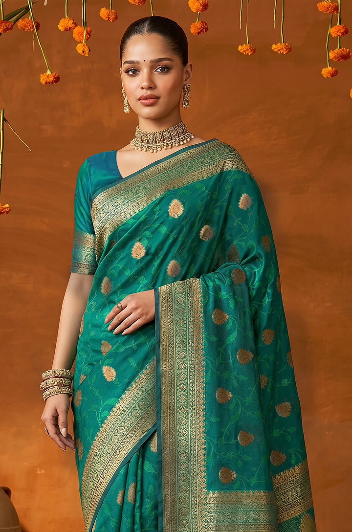 Teal Handloom Woven Silk Saree | Mahotsav Collection