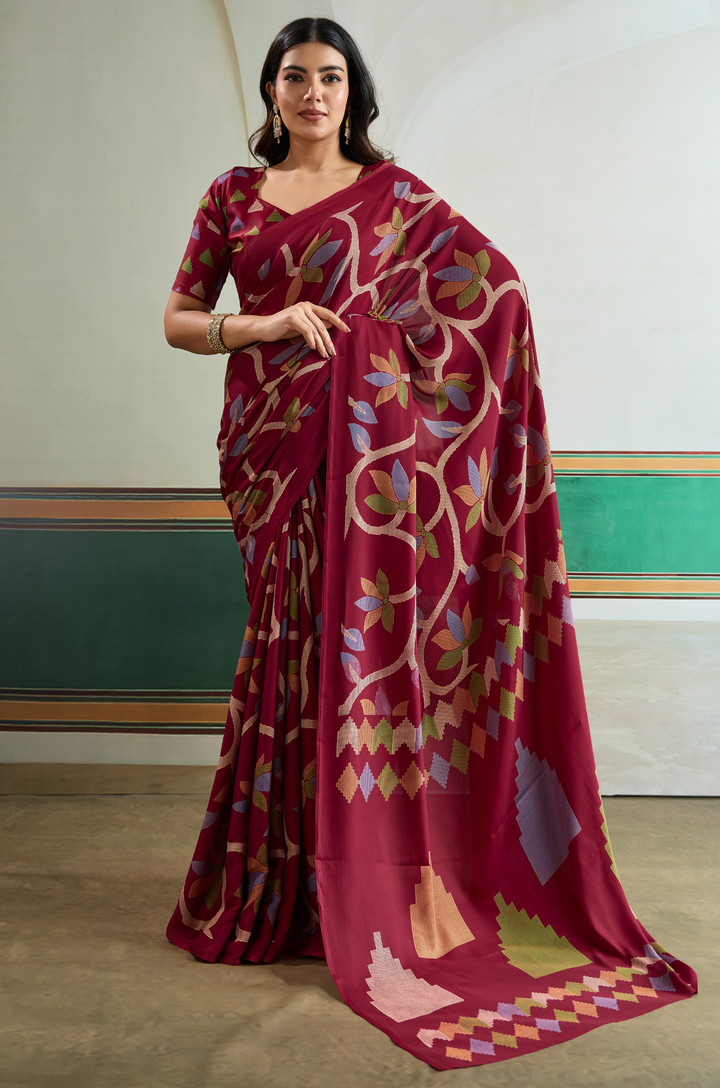 Maroon Vibrant Luxe Digital Ajrakh Print Saree