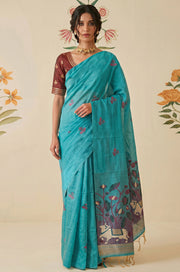 Blue Woven Jamdhani Cotton Saree | Braj Collection