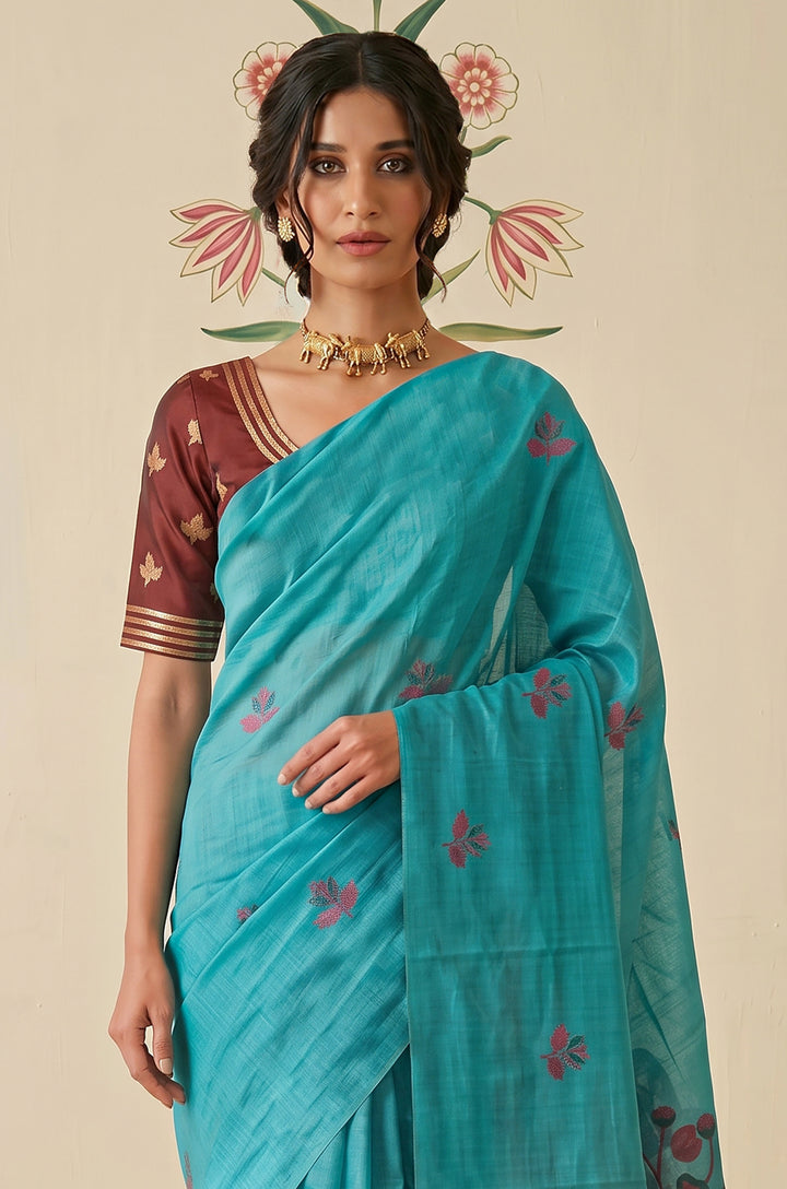Blue Woven Jamdhani Cotton Saree | Braj Collection
