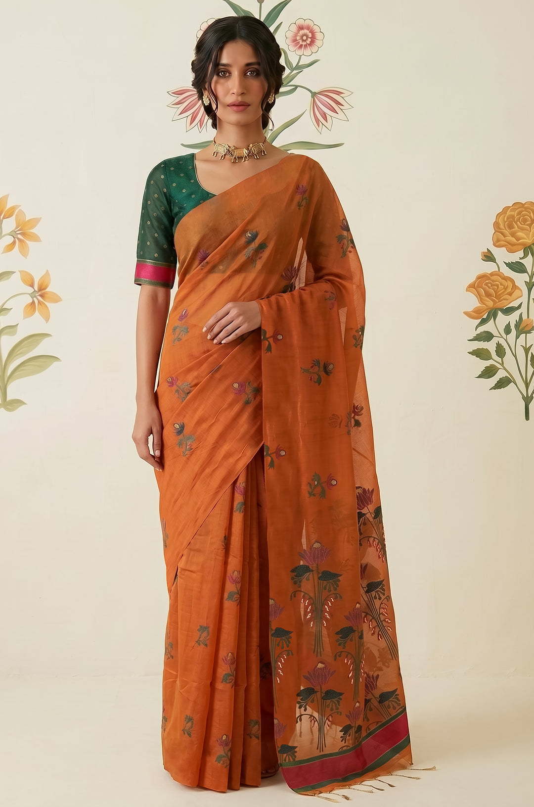 Tangerine Woven Jamdhani Cotton Saree | Braj Collection