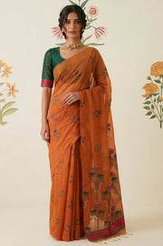 Tangerine Woven Jamdhani Cotton Saree | Braj Collection