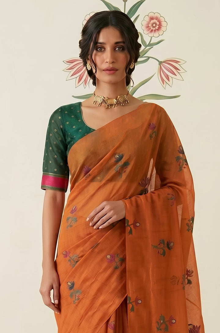 Tangerine Woven Jamdhani Cotton Saree | Braj Collection