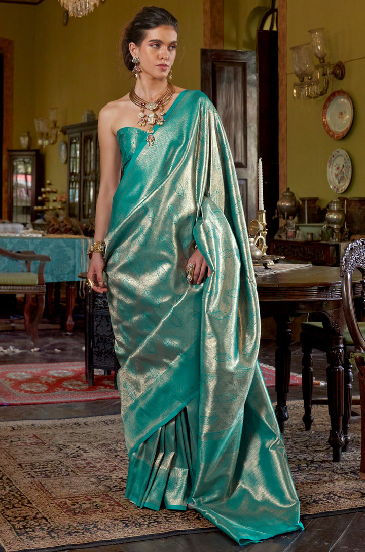 Blue Aura Sage Kanjivaram Woven Silk Saree