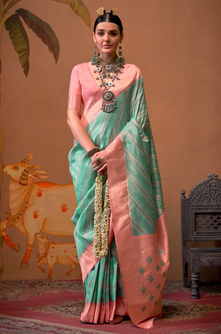 Sea Green Bare Essence Woven Silk Saree