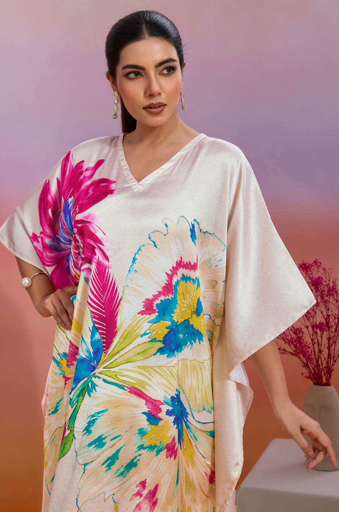 Flutterwave Soft Satin Women Kaftan Dress with Digital Print