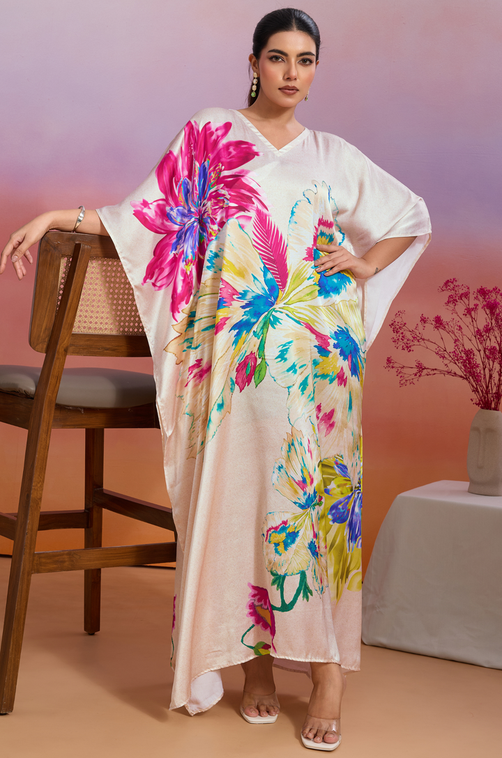 Flutterwave Soft Satin Women Kaftan Dress with Digital Print